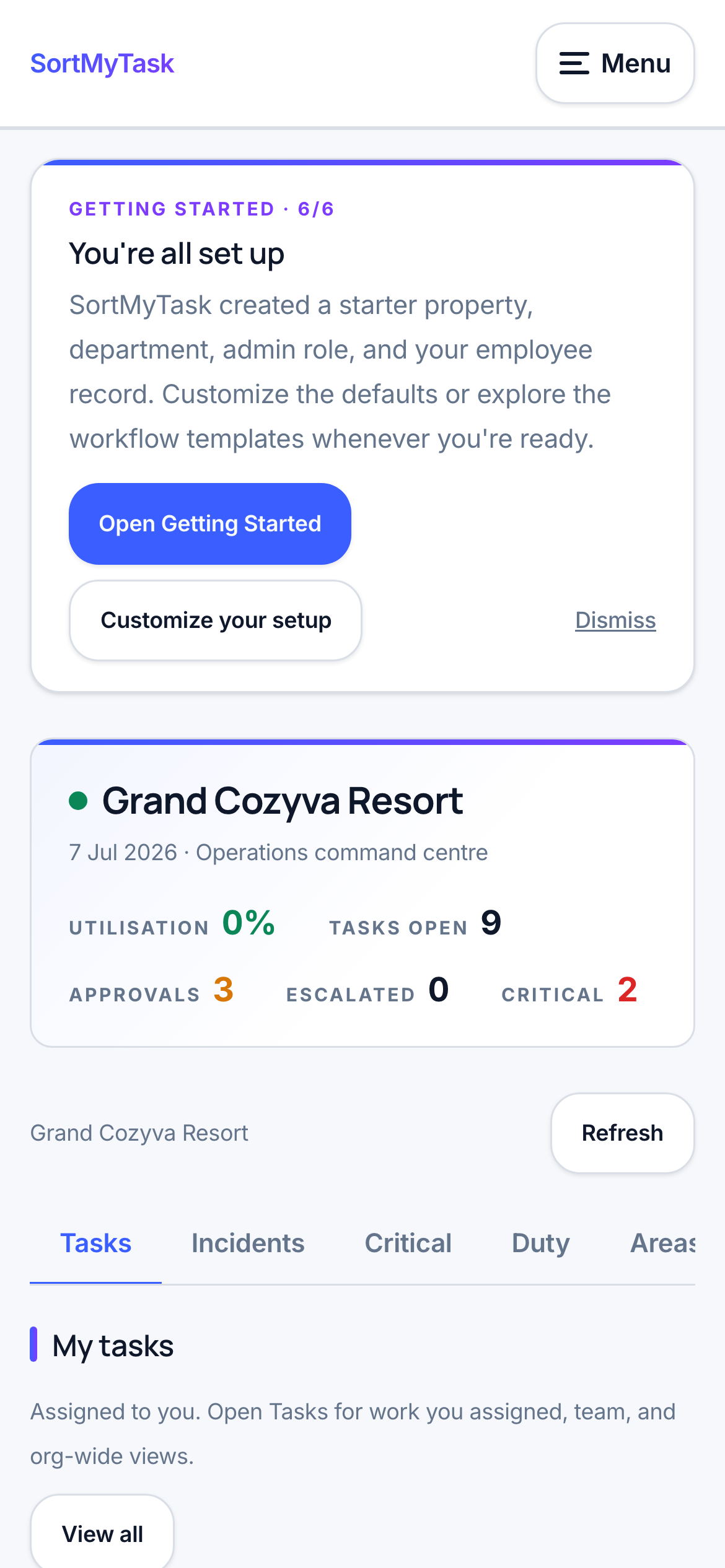 The real SortMyTask dashboard on a phone