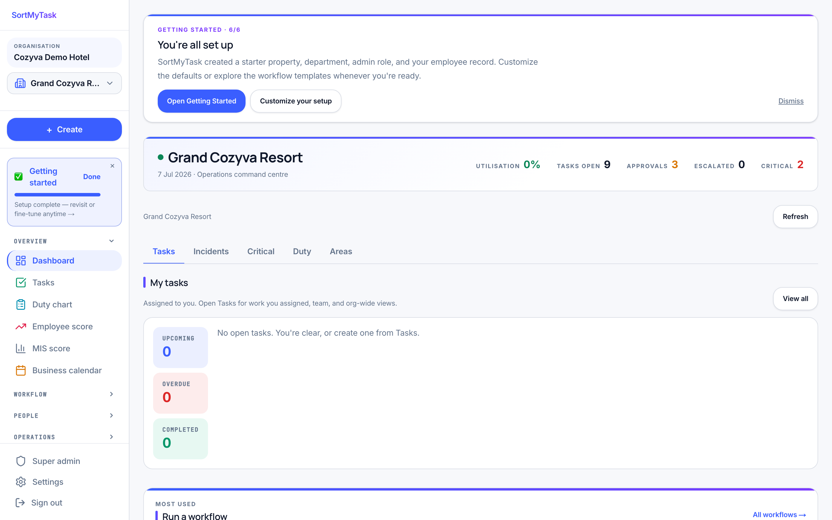 The real SortMyTask dashboard: today's tasks, approvals, and department progress