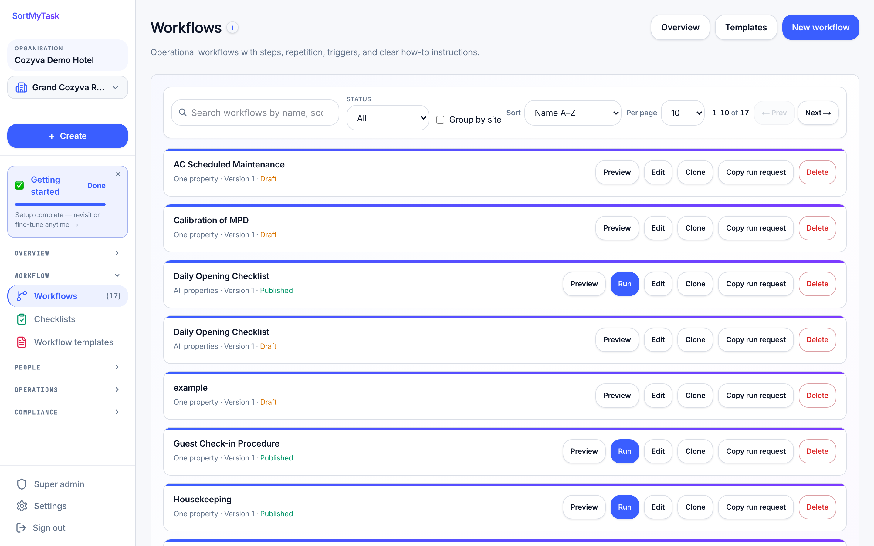The real SortMyTask workflows page: published routines that create their own tasks